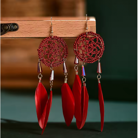 boucles d'oreilles bijoux bohème plume rouge attrape rêve fil