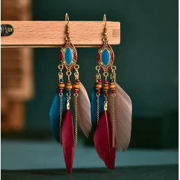 boucles d'oreilles bijoux bohème plume bleu rouge rose ovale YK
