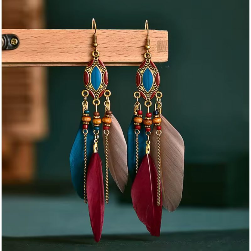 boucles d'oreilles bijoux bohème plume bleu rouge rose ovale YK boucles d'oreilles bijoux bohème plume bleu rouge rose ovale YK