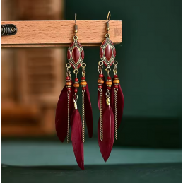 boucles d'oreilles bijoux bohème plume rouge bordeau ovale YK