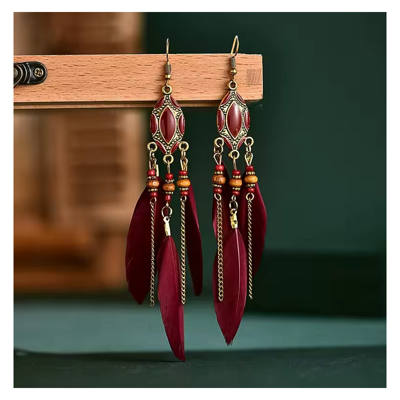 boucles d'oreilles bijoux bohème plume rouge bordeau ovale YK boucles d'oreilles bijoux bohème plume rouge bordeau ovale YK