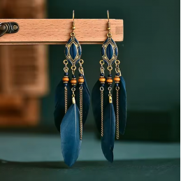 boucles d'oreilles bijoux bohème plume bleu ovale YK