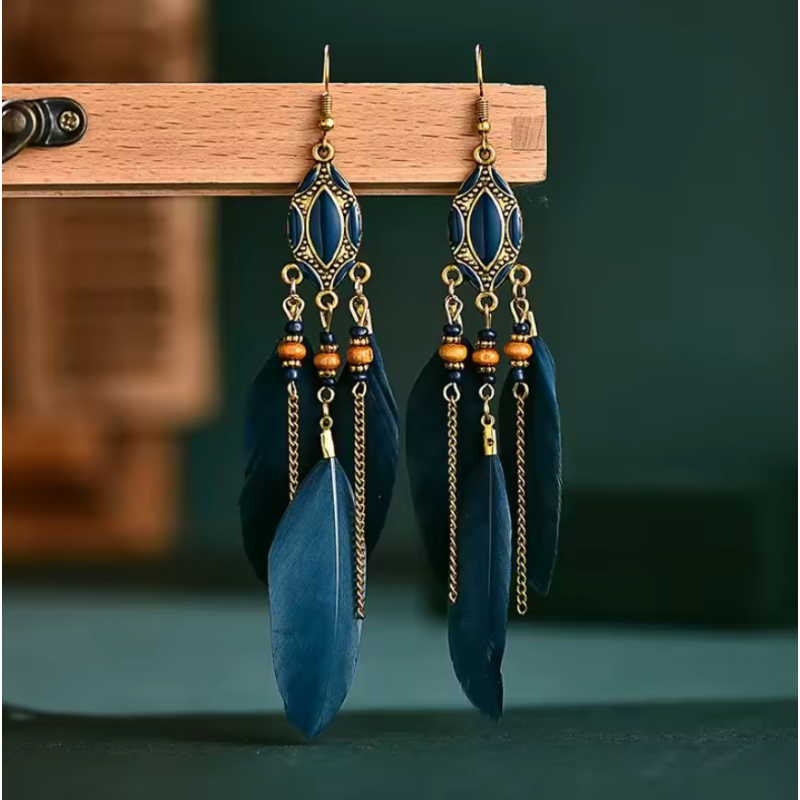 boucles d'oreilles bijoux bohème plume bleu ovale YK boucles d'oreilles bijoux bohème plume bleu ovale YK
