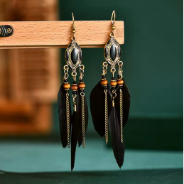 boucles d'oreilles bijoux bohème plume noir ovale YK