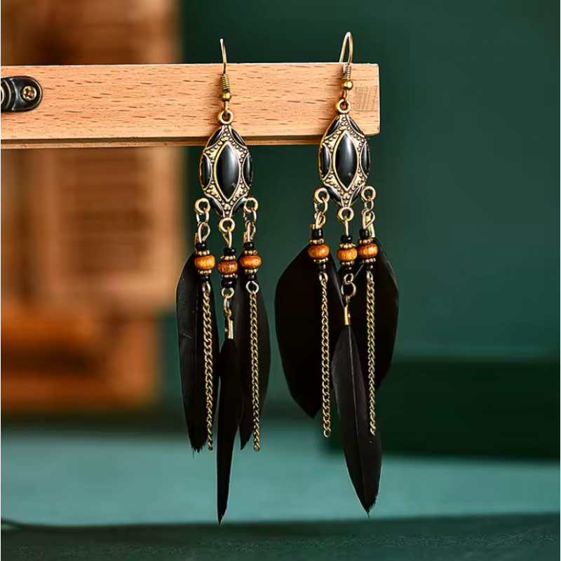 boucles d'oreilles bijoux bohème plume noir ovale YK boucles d'oreilles bijoux bohème plume noir ovale YK