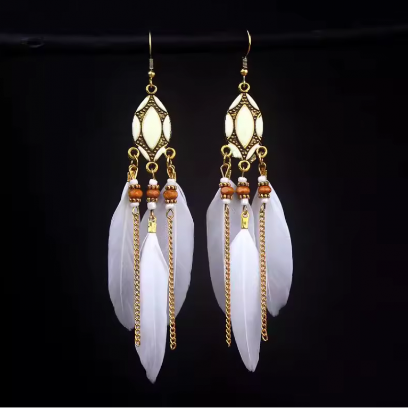 boucles d'oreilles bijoux bohème plume blanche ovale YK boucles d'oreilles bijoux bohème plume blanche ovale YK