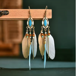 boucles d'oreilles bijoux bohème plume blanche ovale bleu YK