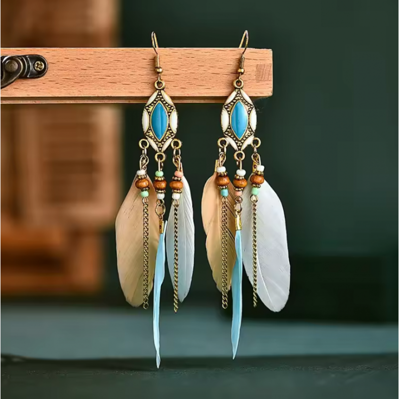 boucles d'oreilles bijoux bohème plume blanche ovale bleu YK