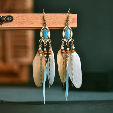 boucles d'oreilles bijoux bohème plume blanche ovale bleu YK