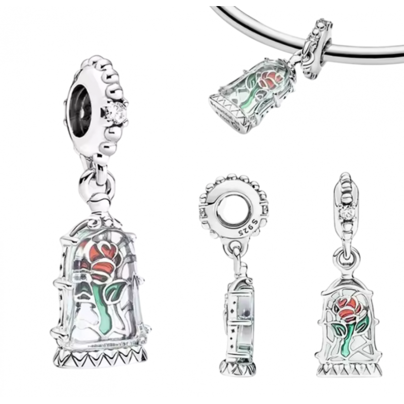 Charm bijou pour bracelet la belle et la bête rose argent Charm bijou pour bracelet la belle et la bête rose argent