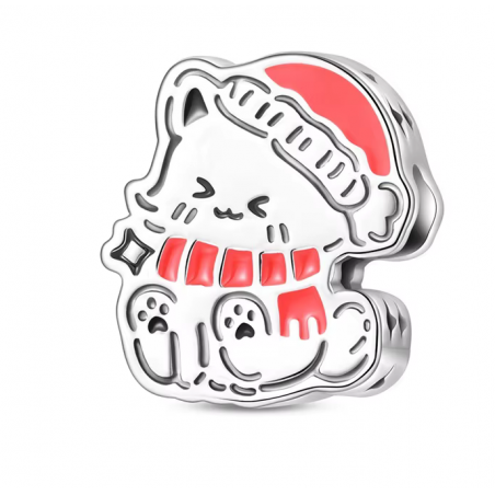 Charm pour bracelet chat de noel bonnet echarpe rouge