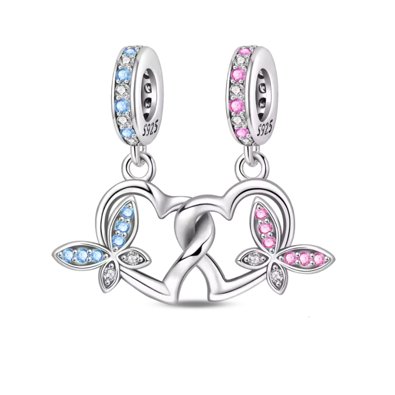 Charm pour bracelet double papillon rose bleu coeur