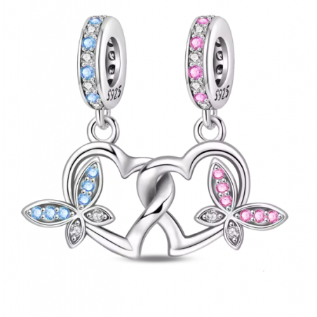 Charm pour bracelet double papillon rose bleu coeur
