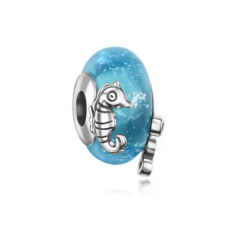 Charm pour bracelet murano bleu hippocampe mer