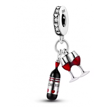 Charm pour bracelet argent bouteille verre vin rouge
