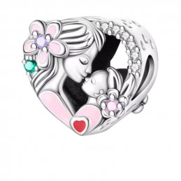 Charm pour bracelet cadeau maman bébé dans les bras fleur rose