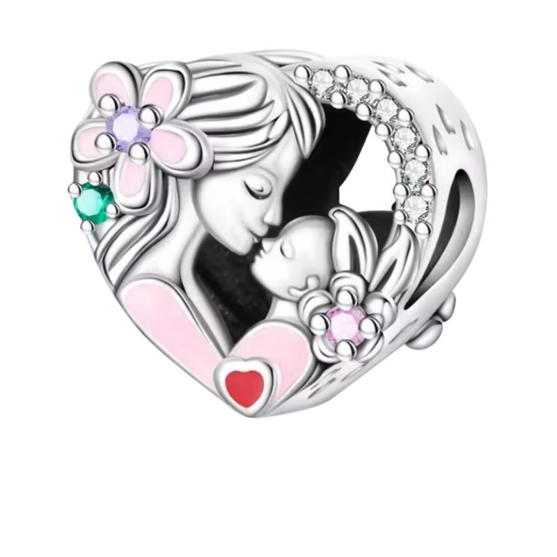 Charm pour bracelet cadeau maman bébé dans les bras fleur rose