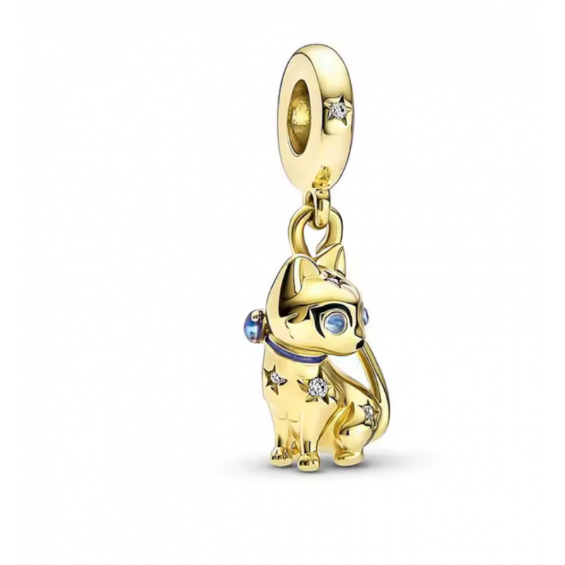 Charm bijou pour bracelet chat strass bleu or