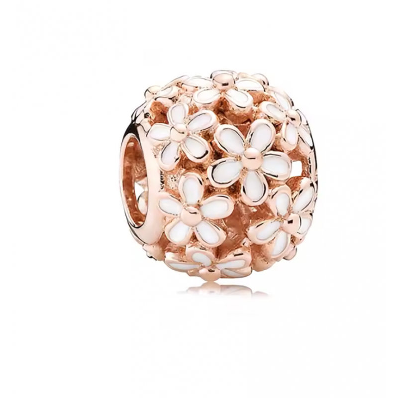 Charm pour bracelet boule or rose fleur blanche