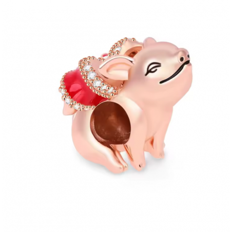 Charm pour bracelet cochon noeud rouge or rose