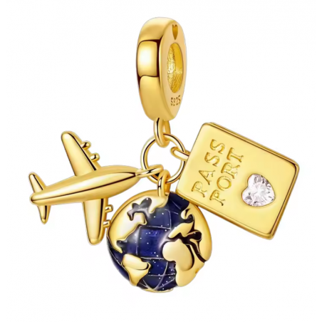 Charm pour bracelet avion voyage globe passport or