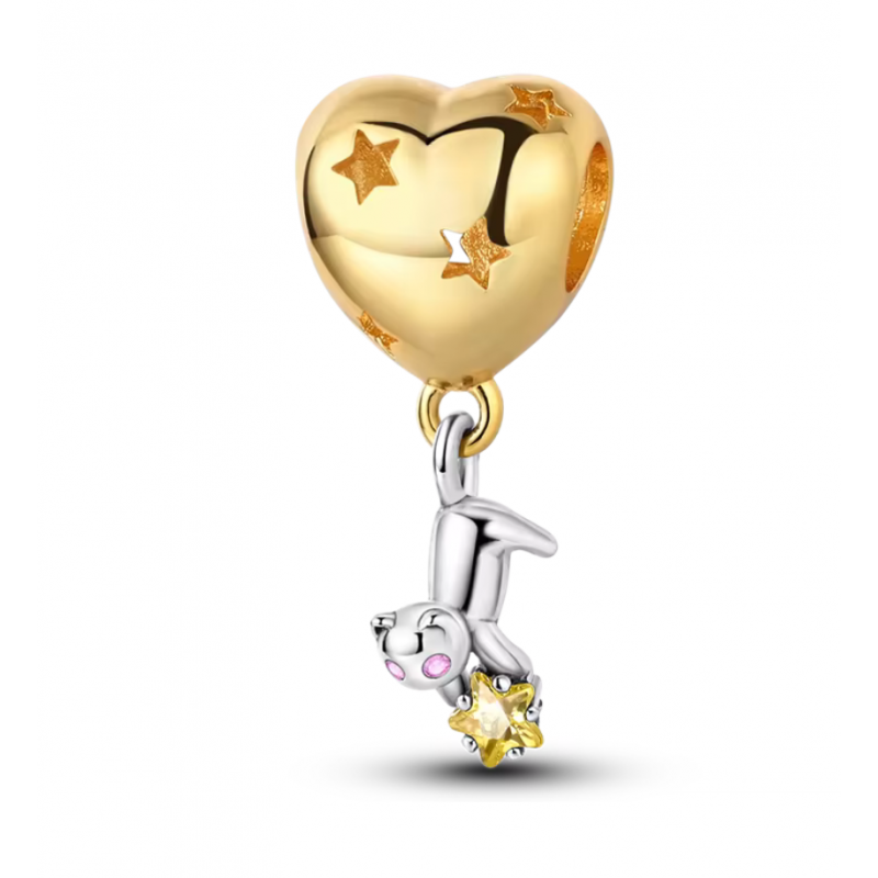 Charm bijou pour bracelet chat argent accroché au coeur or