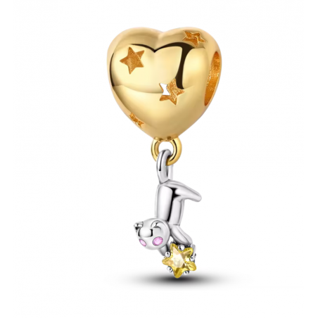 Charm bijou pour bracelet chat argent accroché au coeur or