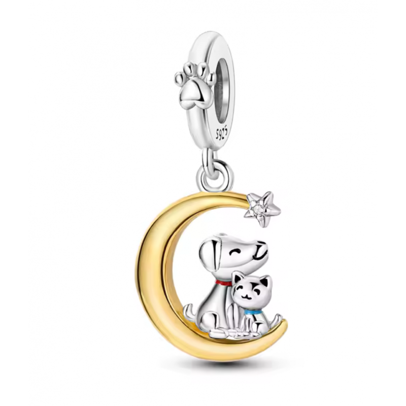 Charm bijou pour bracelet chat et chien sur lune or