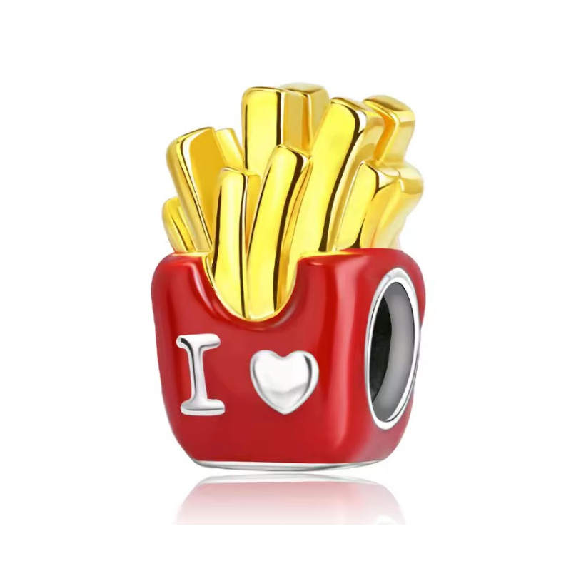 Charm bijou pour bracelet paquet de frite rouge coeur argent