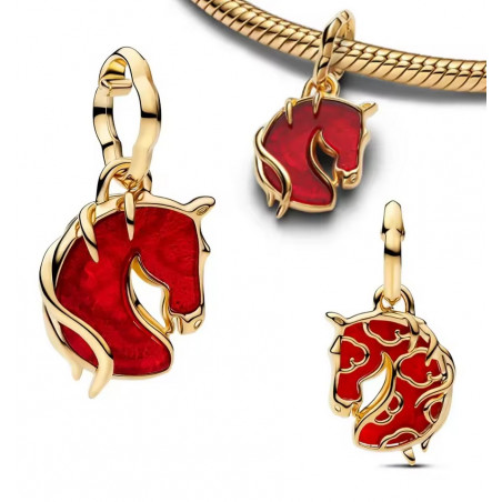 Charm pour bracelet cheval or sur fond rouge équitation