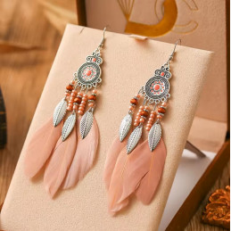 boucles d'oreilles 3 plumes corail bohème argent