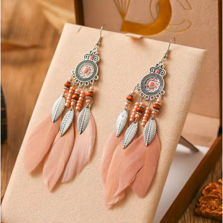 boucles d'oreilles 3 plumes corail bohème argent