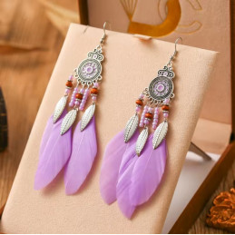 boucles d'oreilles 3 plumes violette bohème argent