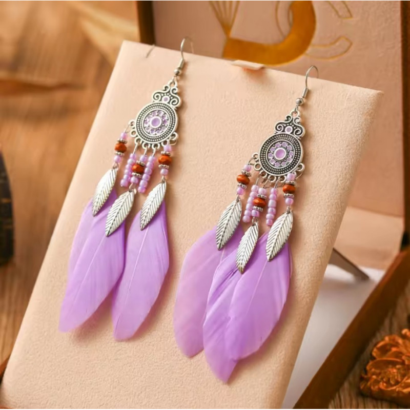boucles d'oreilles 3 plumes violette bohème argent