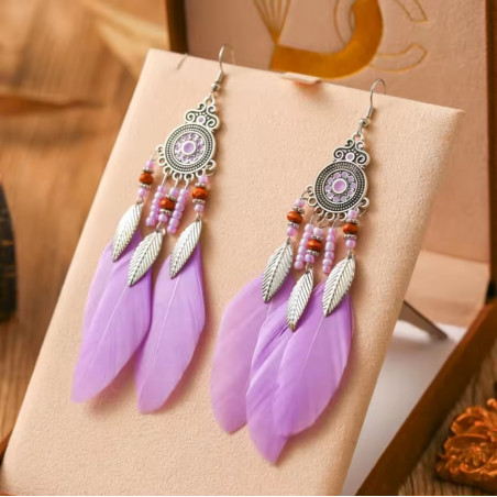 boucles d'oreilles 3 plumes violette bohème argent