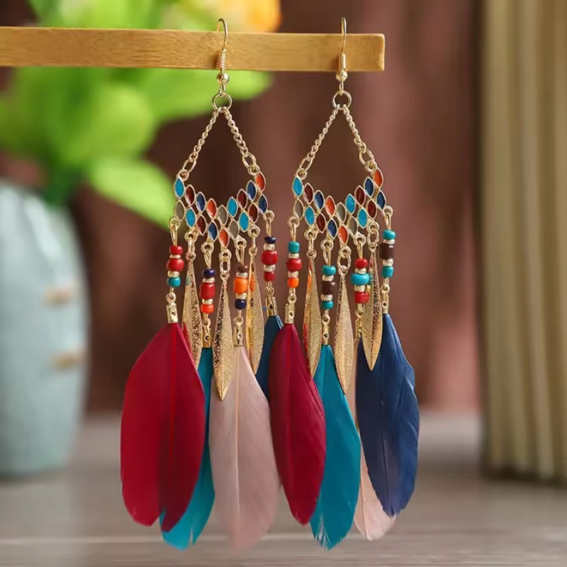 boucles d'oreilles 4 plumes multicolore bohème mosaique