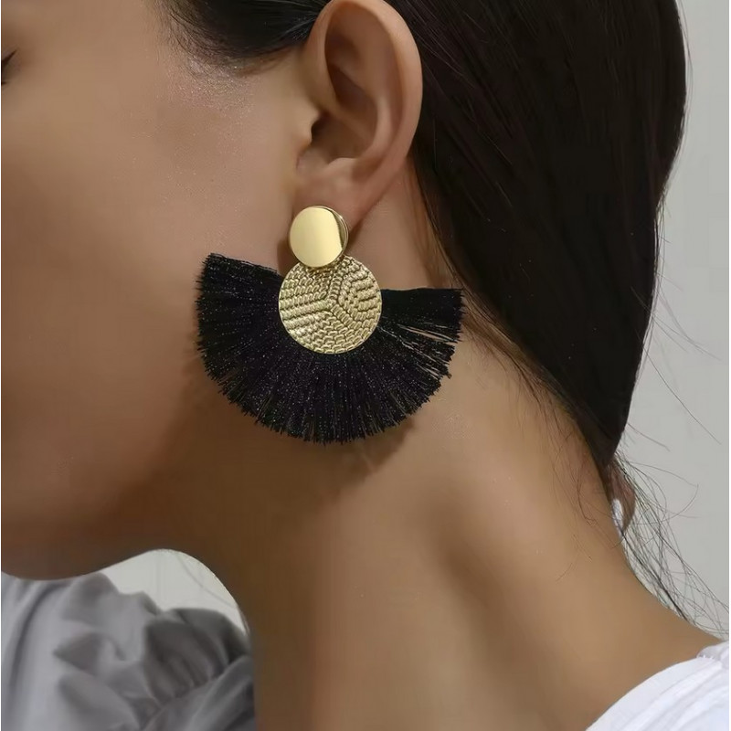 boucles d'oreilles or frange noire eventail