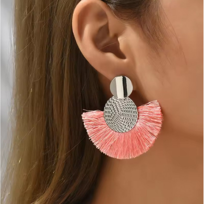 boucles d'oreilles argent frange rose eventail