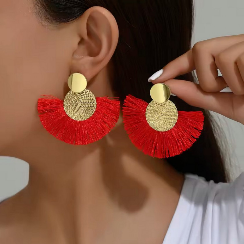 boucles d'oreilles or frange rouge eventail