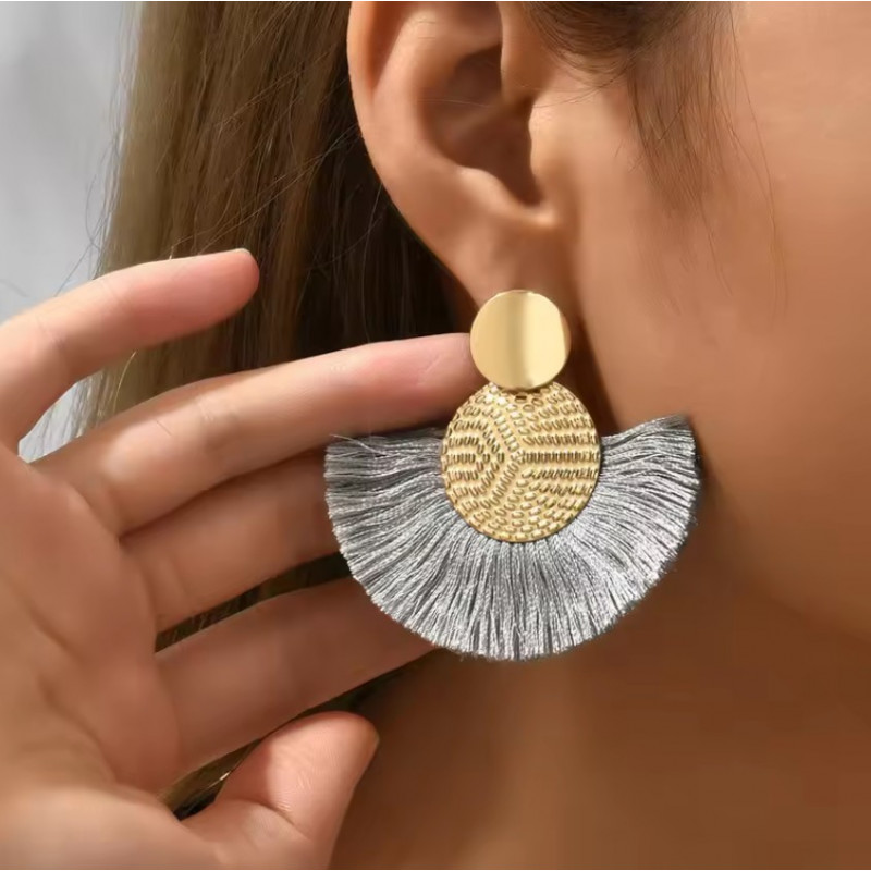 boucles d'oreilles or frange argent gris eventail