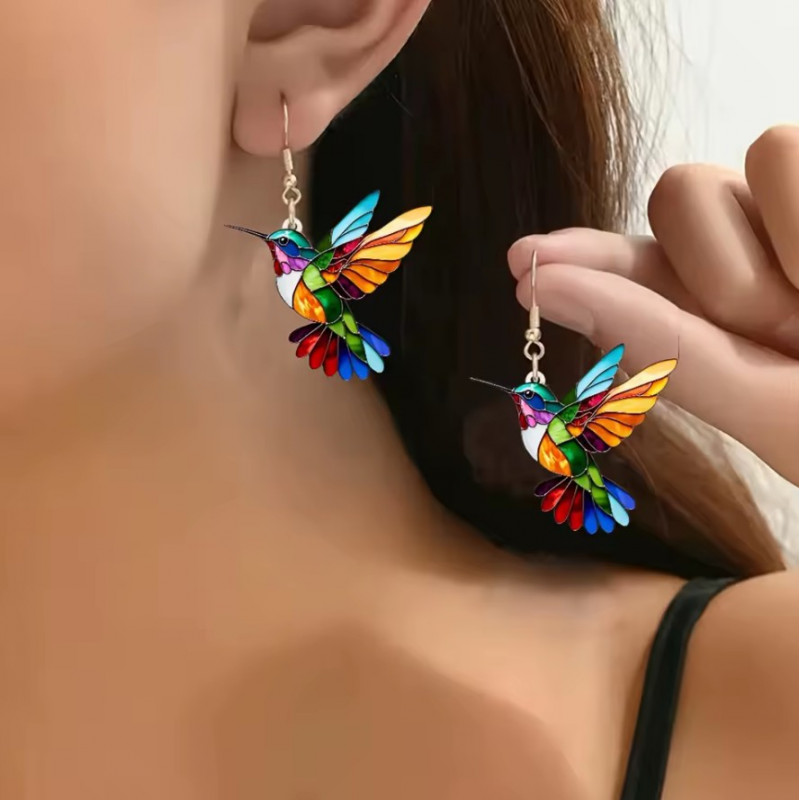 boucles d'oreilles colibri oiseau multicolore mosaique
