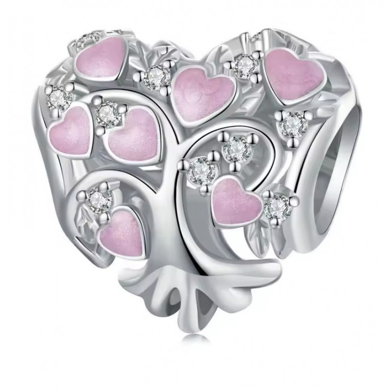 Charm pour bracelet coeur argent arbre de vie rose