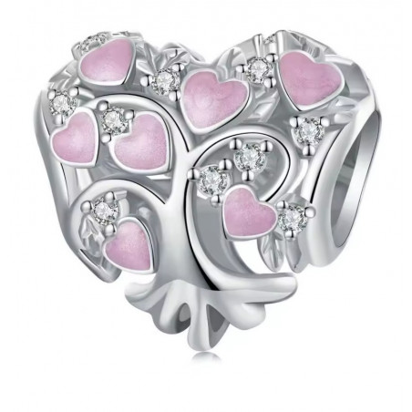 Charm pour bracelet coeur argent arbre de vie rose