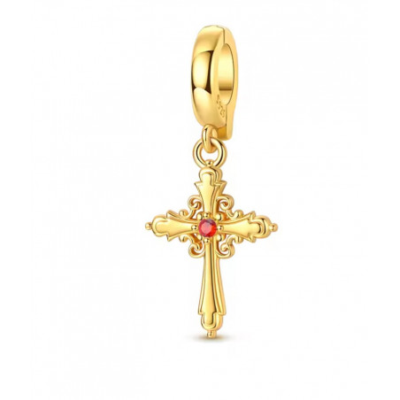 Charm pour bracelet croix religion or pierre rouge