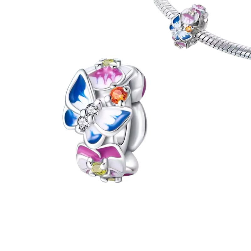 Charm pour bracelet bloqueur papillon bleu fleur rose