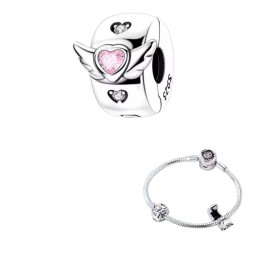Charm pour bracelet clip coeur rose aile d'ange