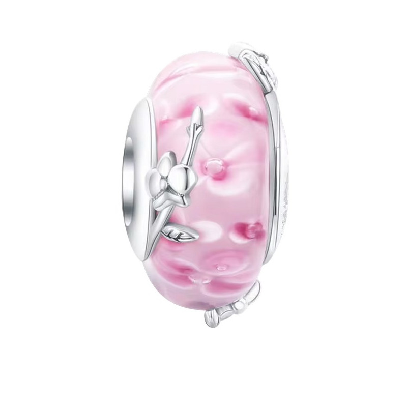 charm pour bracelet murano rose fleur sur branche
