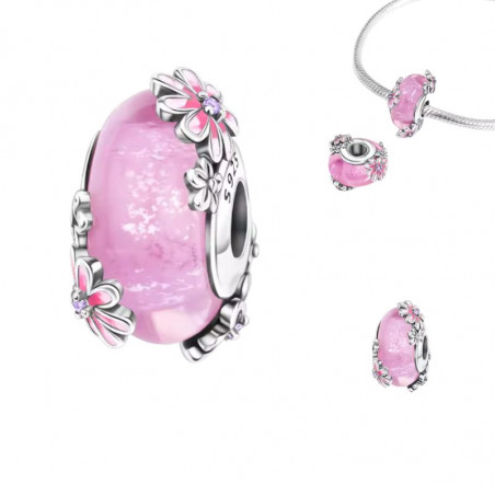 charm pour bracelet murano grande et petite fleur rose