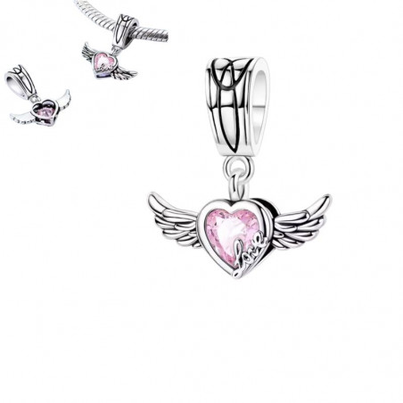 Charm pour bracelet coeur rose aile d'ange love