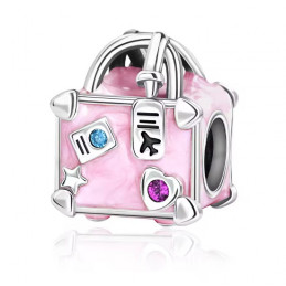 Charm pour bracelet argent voyage valise rose avion